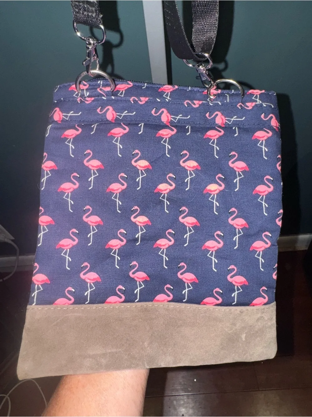 Navy Flamingo Crossbody Bag with Pink Print